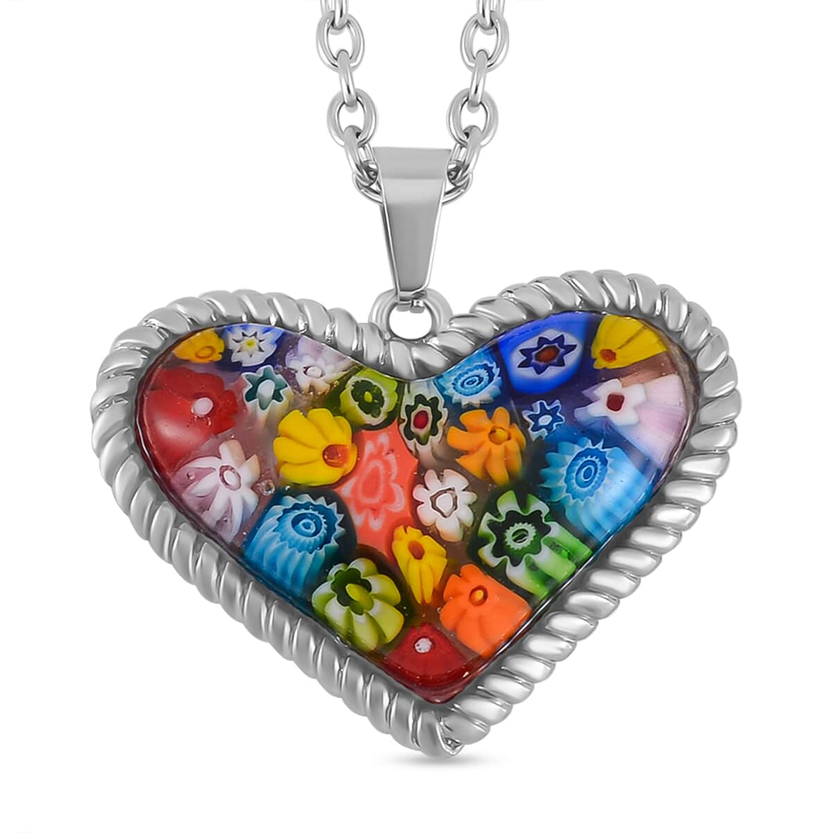 Multi Color Murano Style Heart Necklace 24 Inches in Stainless Steel image number 0