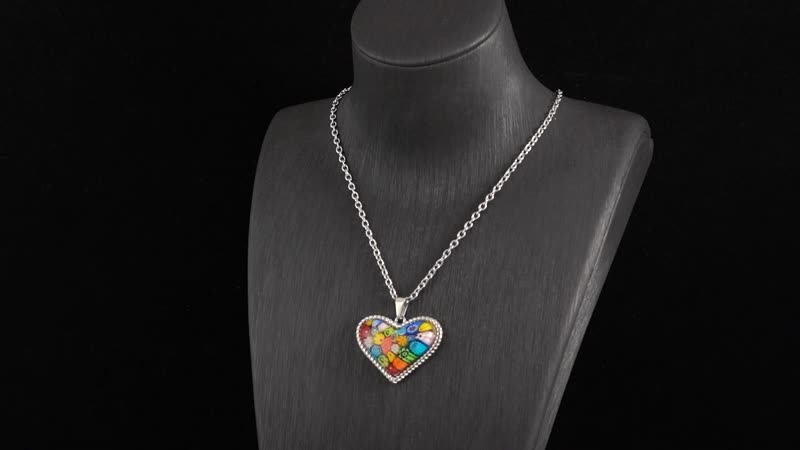 Multi Color Murano Style Heart Necklace 24 Inches in Stainless Steel