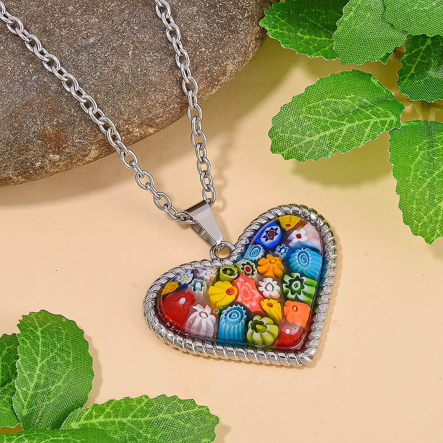 Multi Color Murano Style Heart Necklace 24 Inches in Stainless Steel
