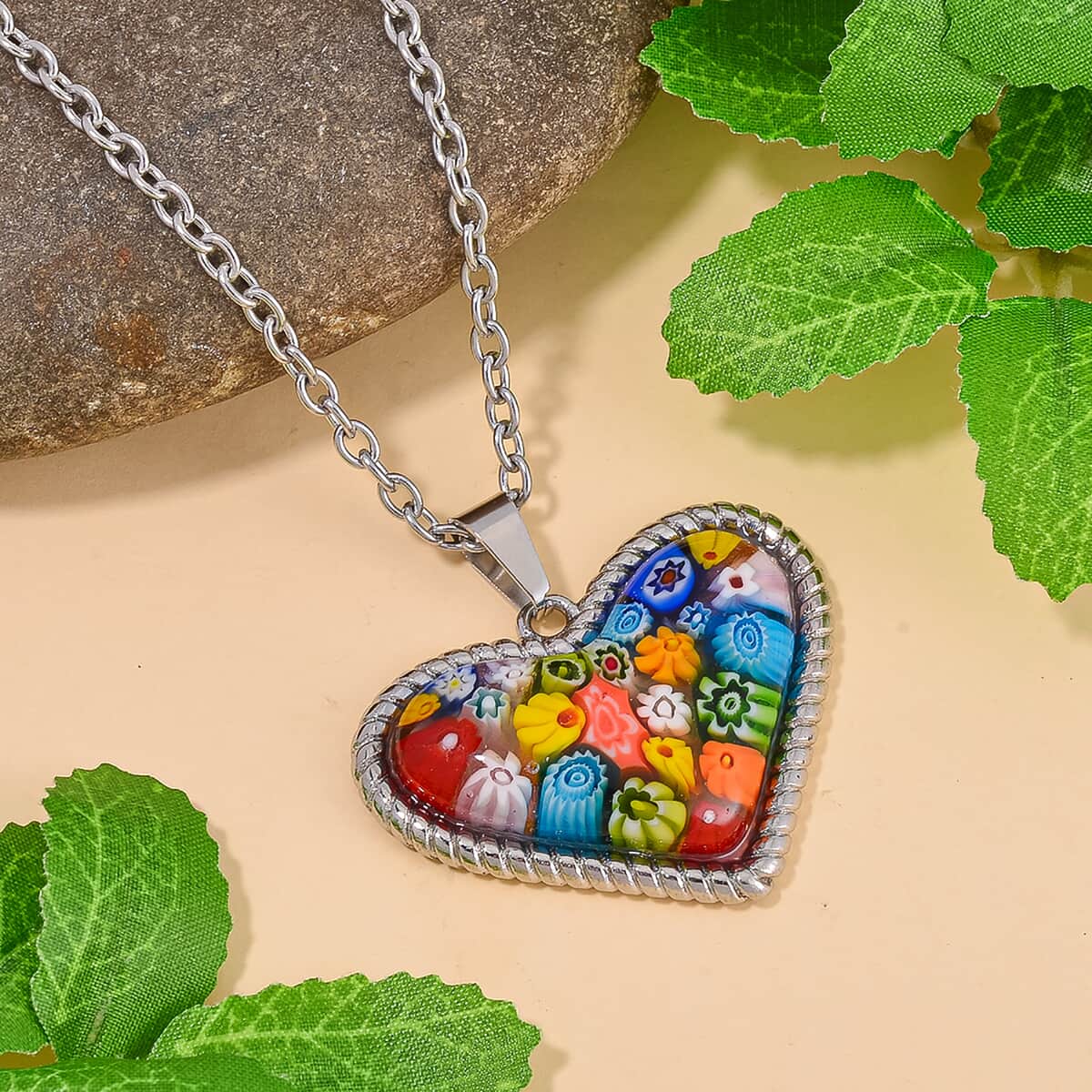 Multi Color Murano Style Heart Necklace 24 Inches in Stainless Steel image number 2