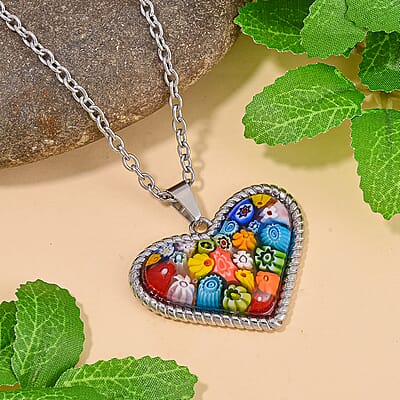 Multi Color Murano Style Heart Necklace 24 Inches in Stainless Steel