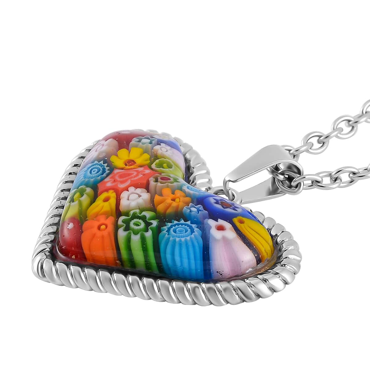 Multi Color Murano Style Heart Necklace 24 Inches in Stainless Steel image number 3