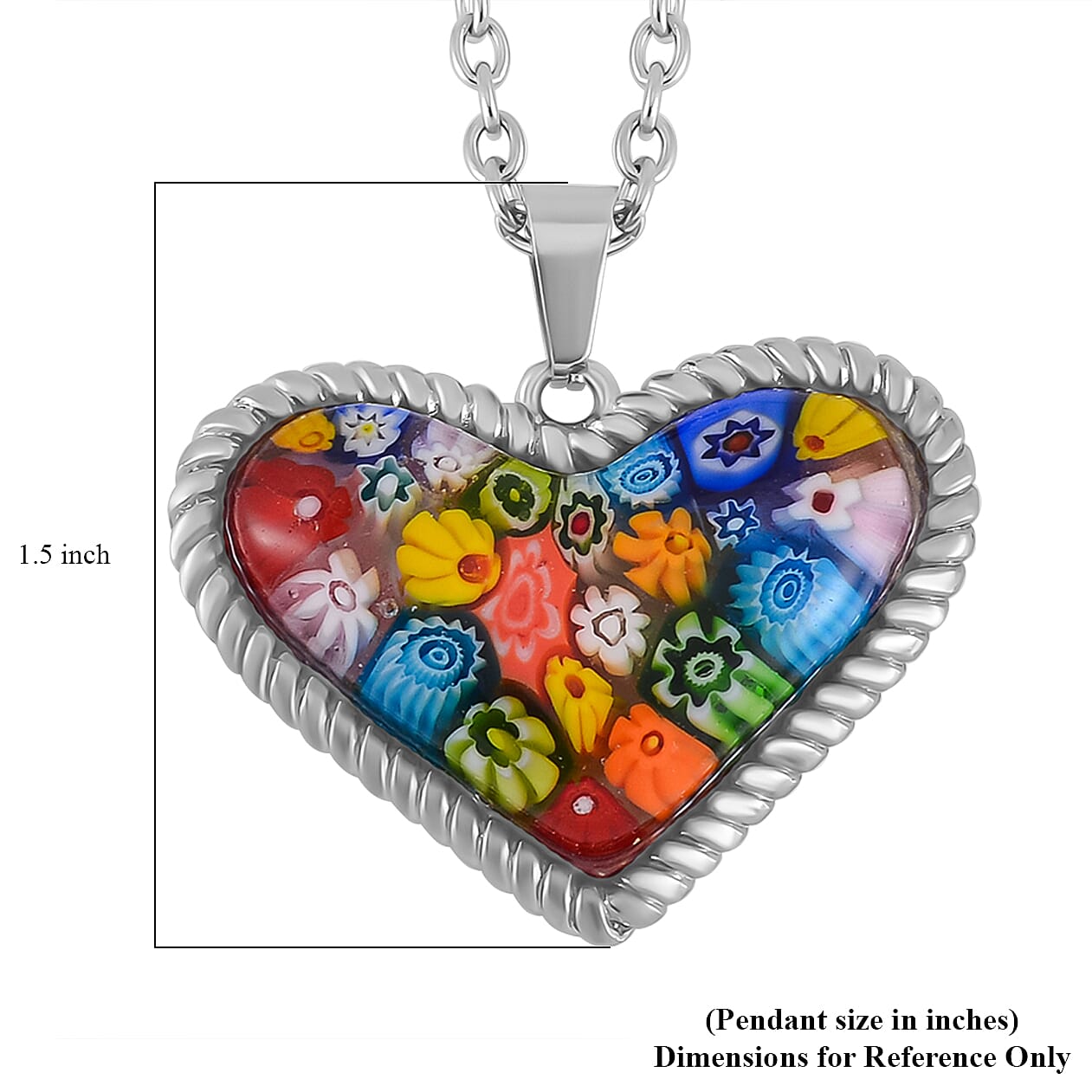 Multi Color Murano Style Heart Necklace 24 Inches in Stainless Steel
