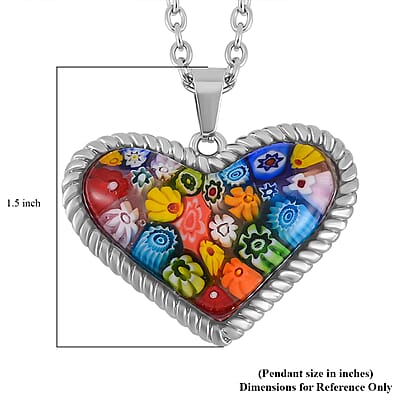 Multi Color Murano Style Heart Necklace 24 Inches in Stainless Steel