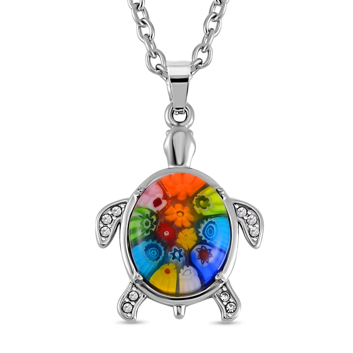 Multi Color Murano Style and Austrian Crystal Turtle Necklace 24 Inches in Stainless Steel image number 0