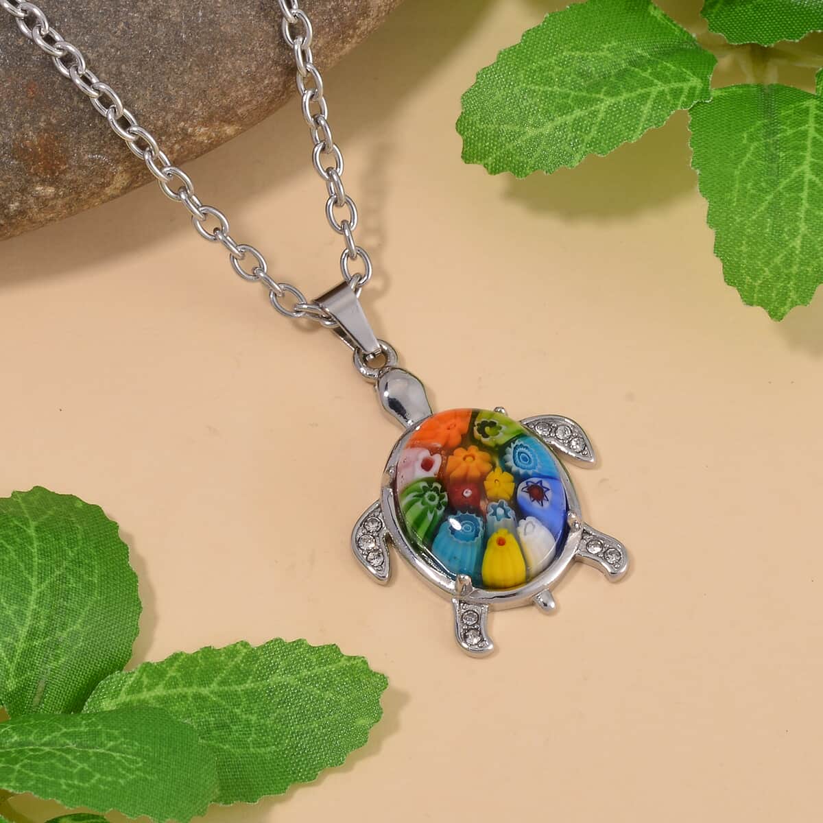 Multi Color Murano Style and Austrian Crystal Turtle Necklace 24 Inches in Stainless Steel image number 1