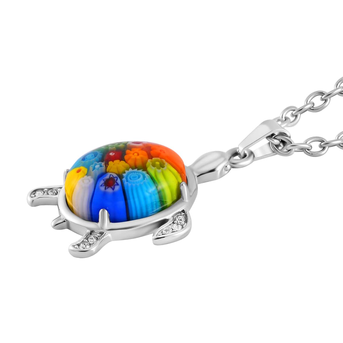 Multi Color Murano Style and Austrian Crystal Turtle Necklace 24 Inches in Stainless Steel image number 3