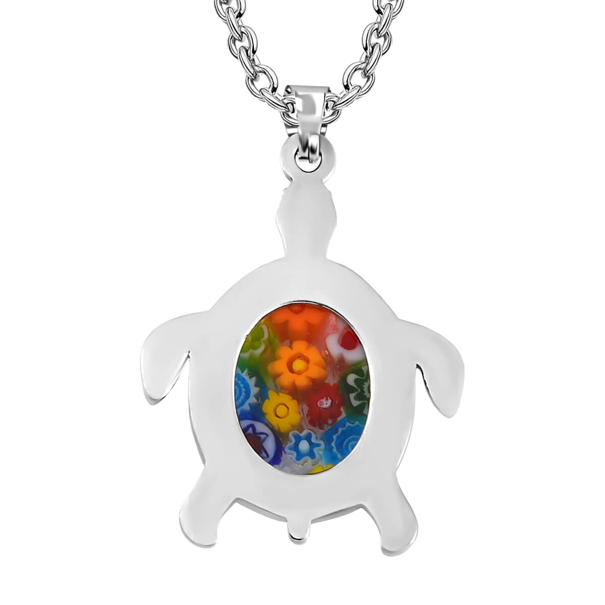 Multi Color Murano Style and Austrian Crystal Turtle Necklace 24 Inches in Stainless Steel image number 4