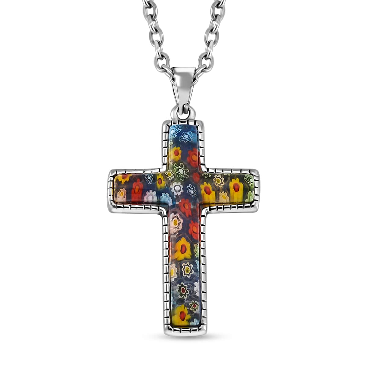 Multi Color Murano Style Cross Necklace 24 Inches in Stainless Steel image number 0