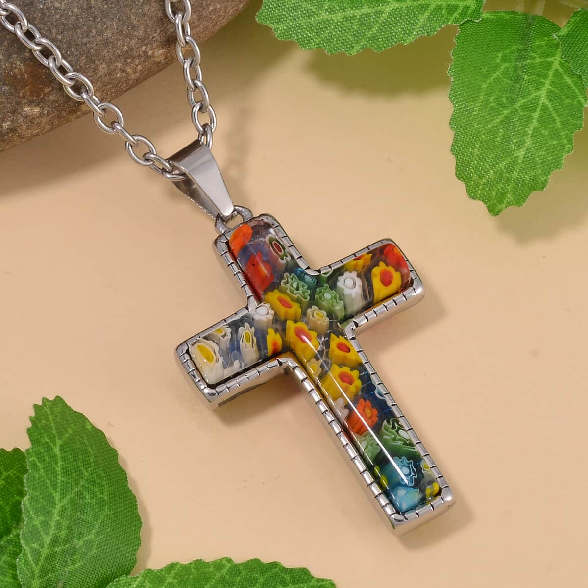 Multi Color Murano Style Cross Necklace 24 Inches in Stainless Steel image number 1