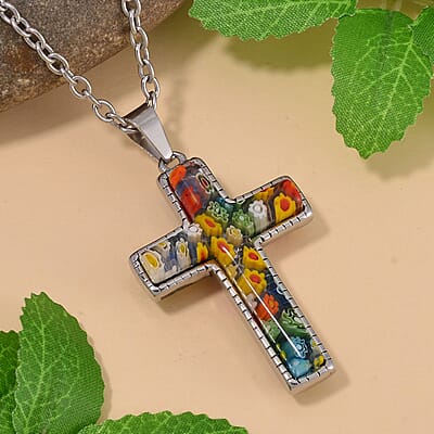 Multi Color Murano Style Cross Necklace 24 Inches in Stainless Steel