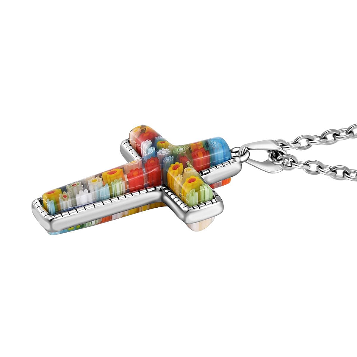 Multi Color Murano Style Cross Necklace 24 Inches in Stainless Steel