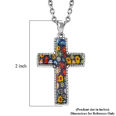 Multi Color Murano Style Cross Necklace 24 Inches in Stainless Steel