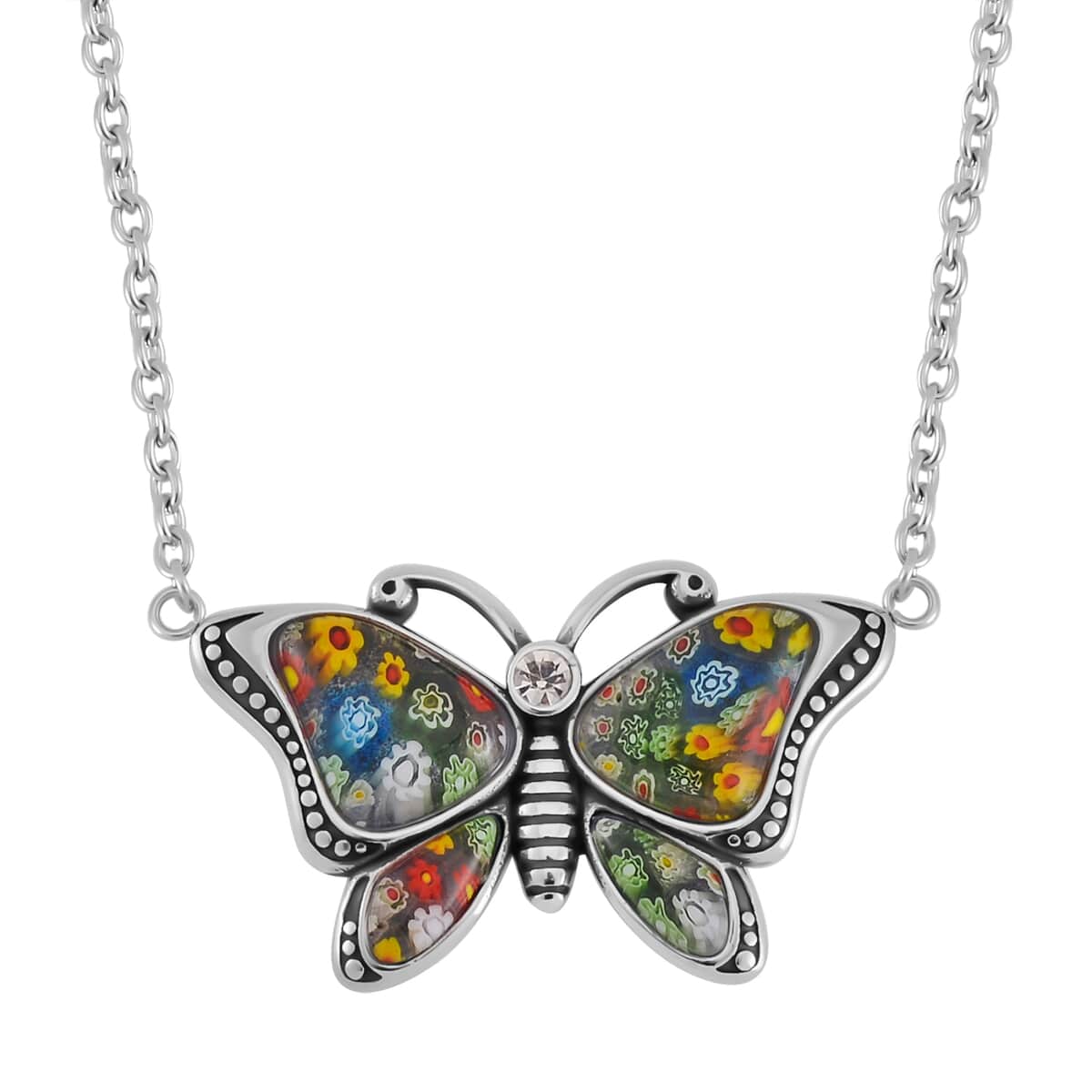 Multi Color Murano Style and Austrian Crystal Butterfly Necklace 24 Inches in Stainless Steel image number 0