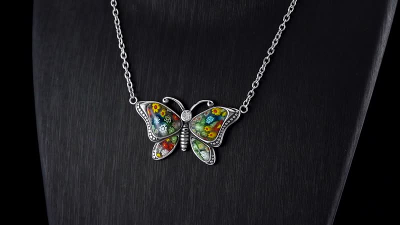 Multi Color Murano Style Butterfly Necklace 24 Inches in Stainless Steel