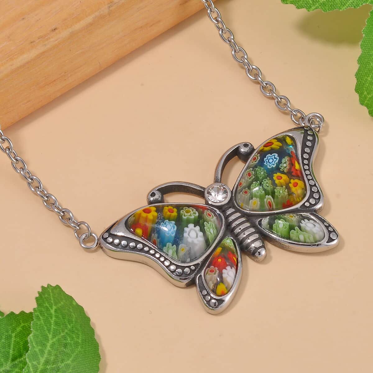 Multi Color Murano Style and Austrian Crystal Butterfly Necklace 24 Inches in Stainless Steel image number 1