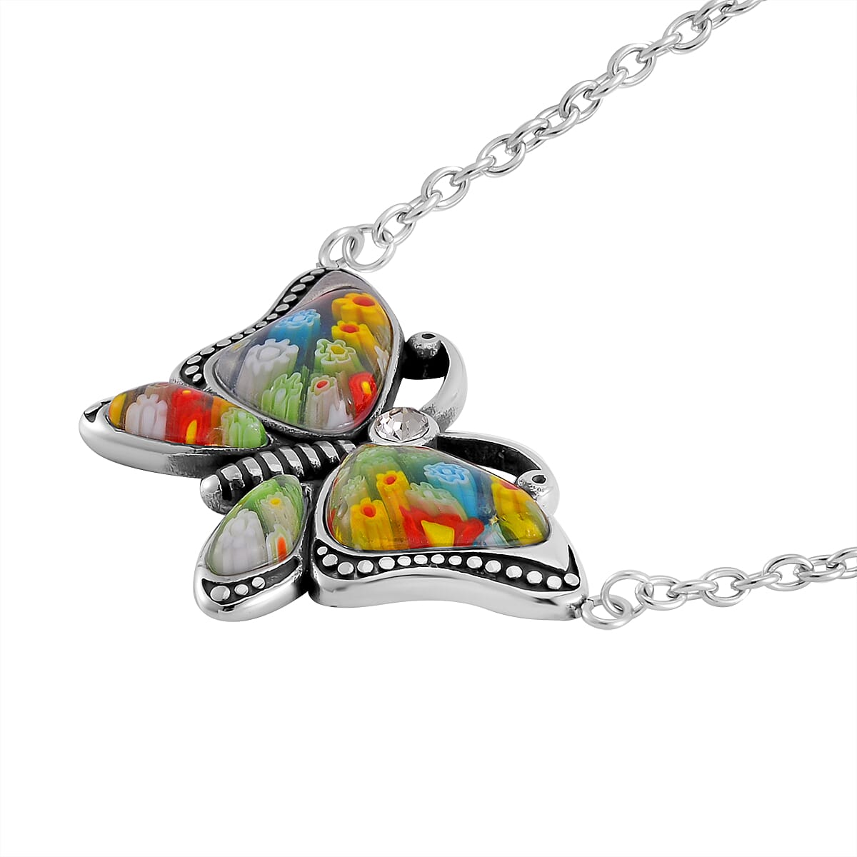 Multi Color Murano Style and Austrian Crystal Butterfly Necklace 24 Inches in Stainless Steel
