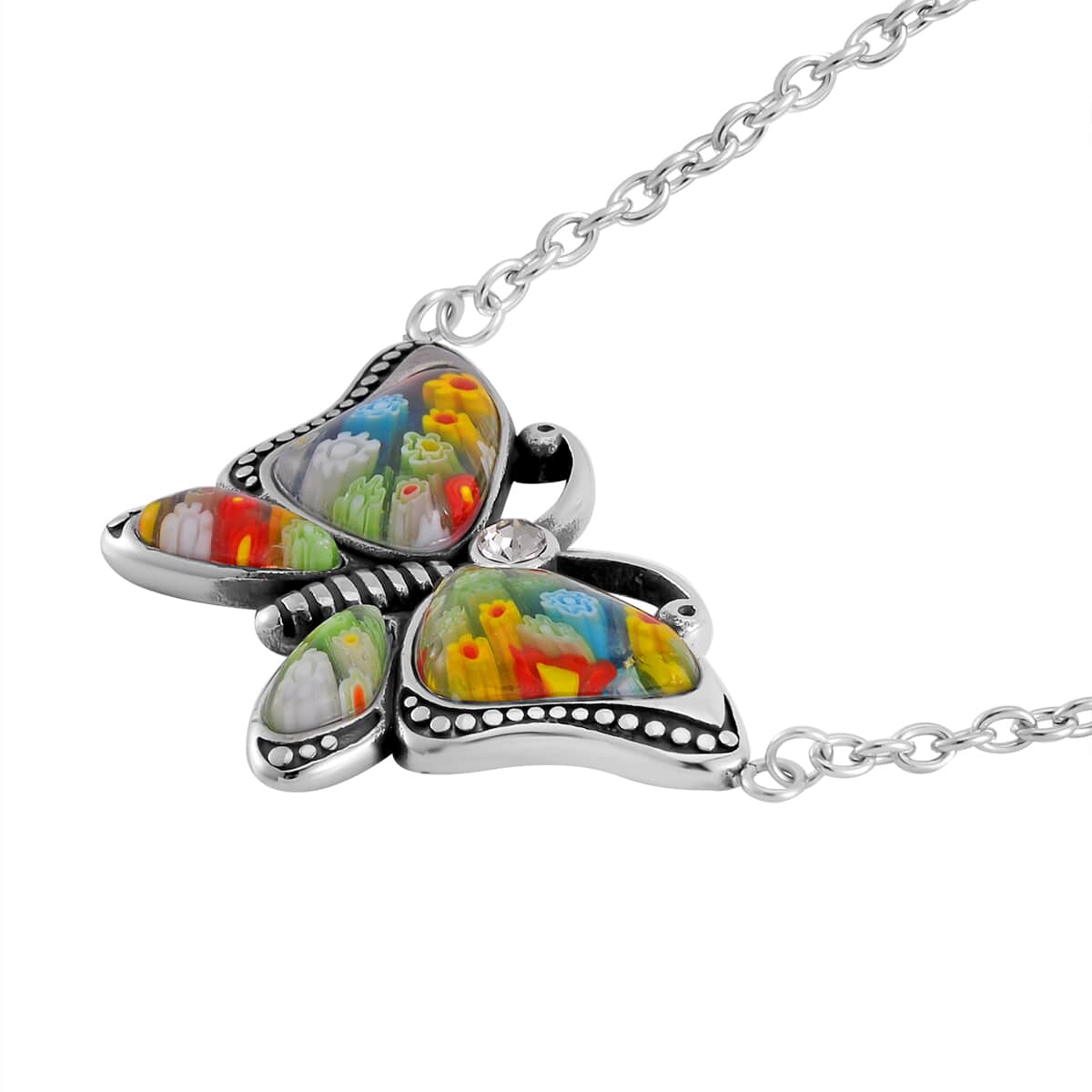 Multi Color Murano Style and Austrian Crystal Butterfly Necklace 24 Inches in Stainless Steel image number 3