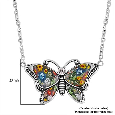 Multi Color Murano Style and Austrian Crystal Butterfly Necklace 24 Inches in Stainless Steel