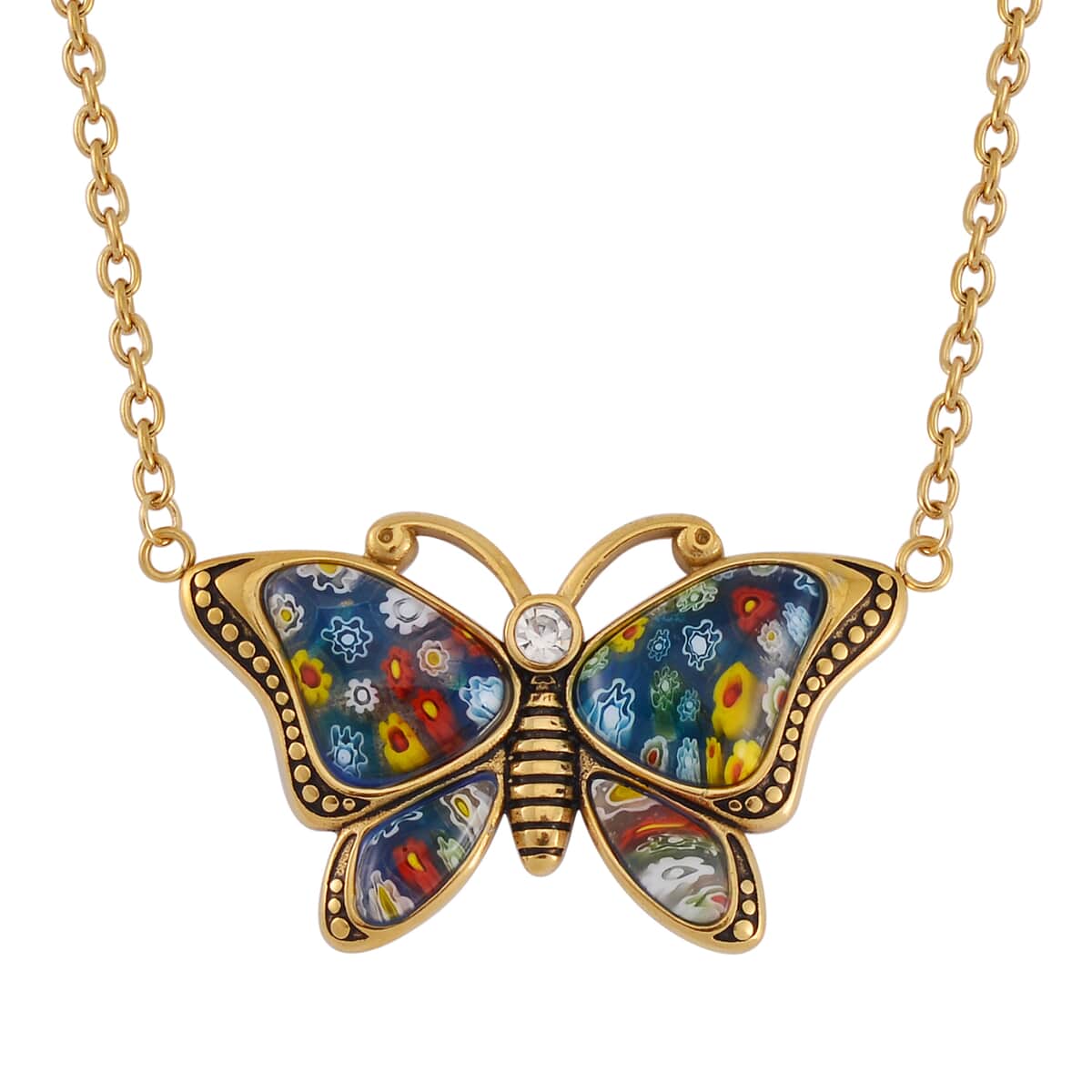 Multi Color Murano Style and Austrian Crystal Butterfly Necklace 24 Inches in ION Plated YG Stainless Steel image number 0