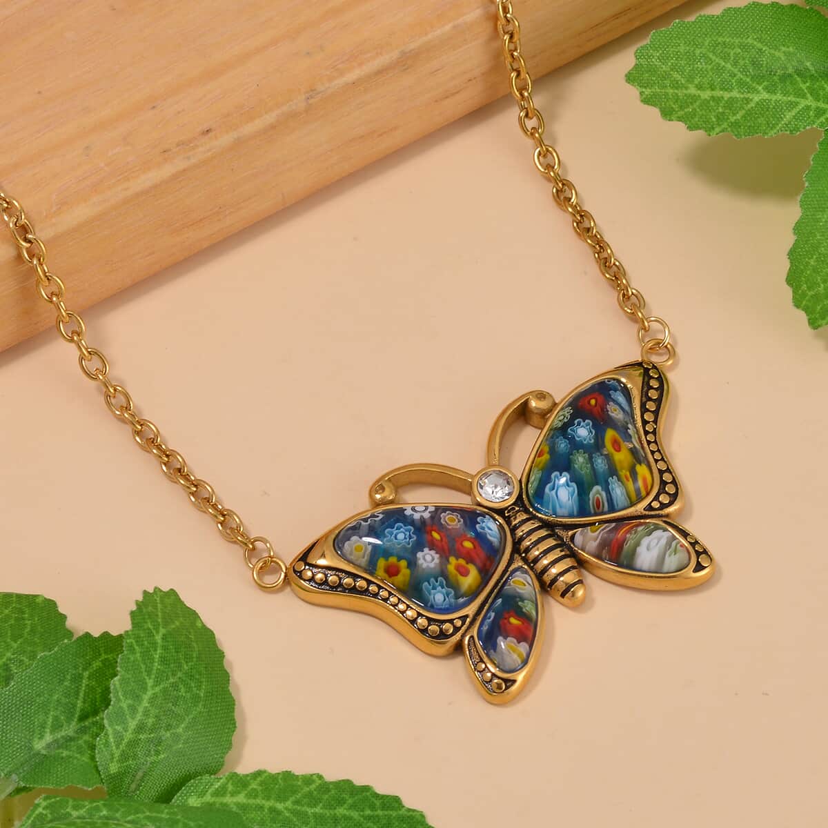 Multi Color Murano Style and Austrian Crystal Butterfly Necklace 24 Inches in ION Plated YG Stainless Steel image number 1
