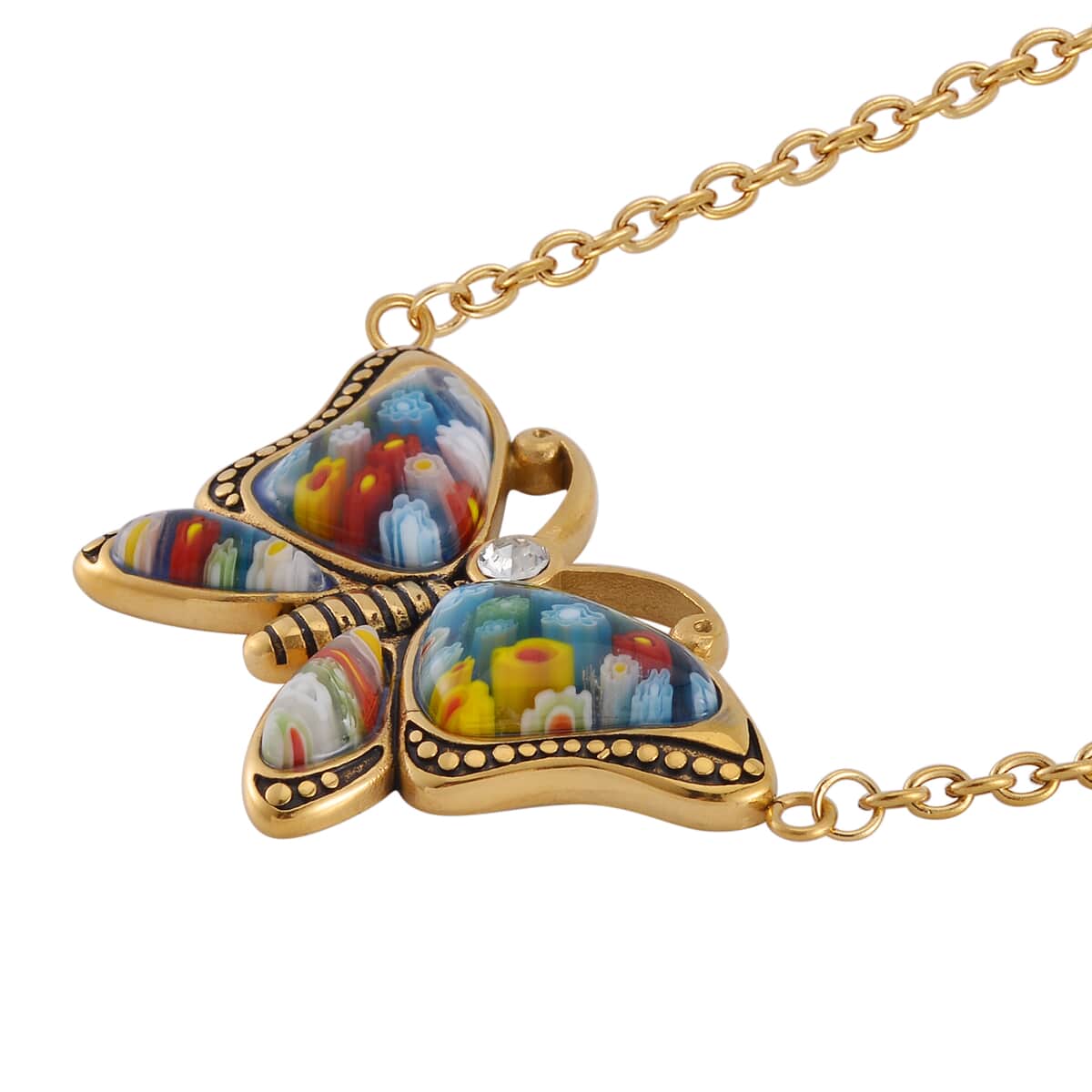 Multi Color Murano Style and Austrian Crystal Butterfly Necklace 24 Inches in ION Plated YG Stainless Steel image number 2