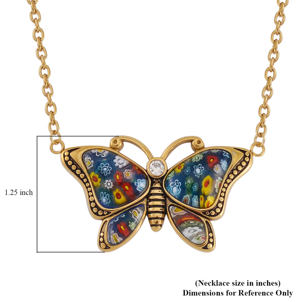 Multi Color Murano Style and Austrian Crystal Butterfly Necklace 24 Inches in ION Plated YG Stainless Steel image number 5
