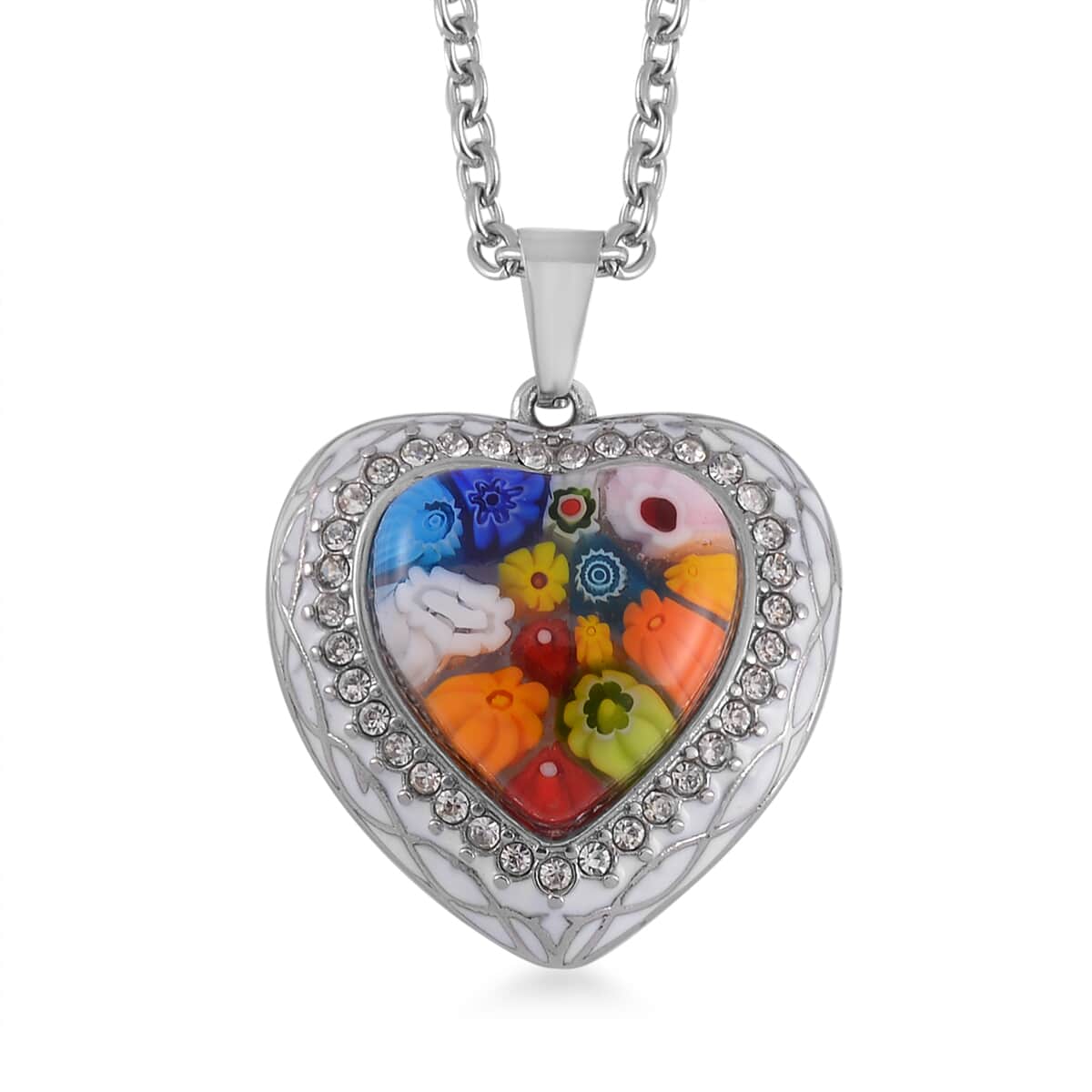 Multi Color Murano Style and Austrian Crystal Heart Pendant Necklace 24 Inches in Stainless Steel image number 0