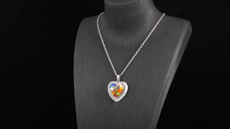 Multi Color Murano Style and Austrian Crystal Heart Pendant Necklace 24 Inches in Stainless Steel