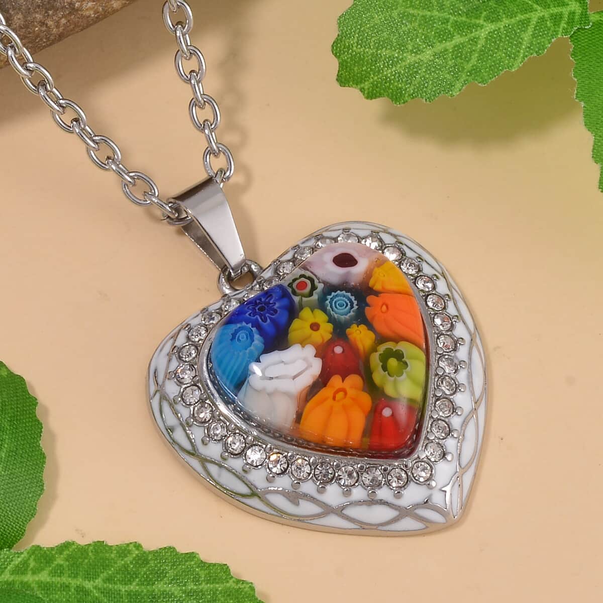 Multi Color Murano Style and Austrian Crystal Heart Pendant Necklace 24 Inches in Stainless Steel image number 1