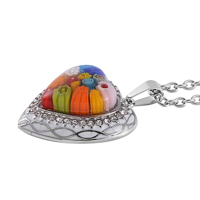 Multi Color Murano Style and Austrian Crystal Heart Pendant Necklace 24 Inches in Stainless Steel