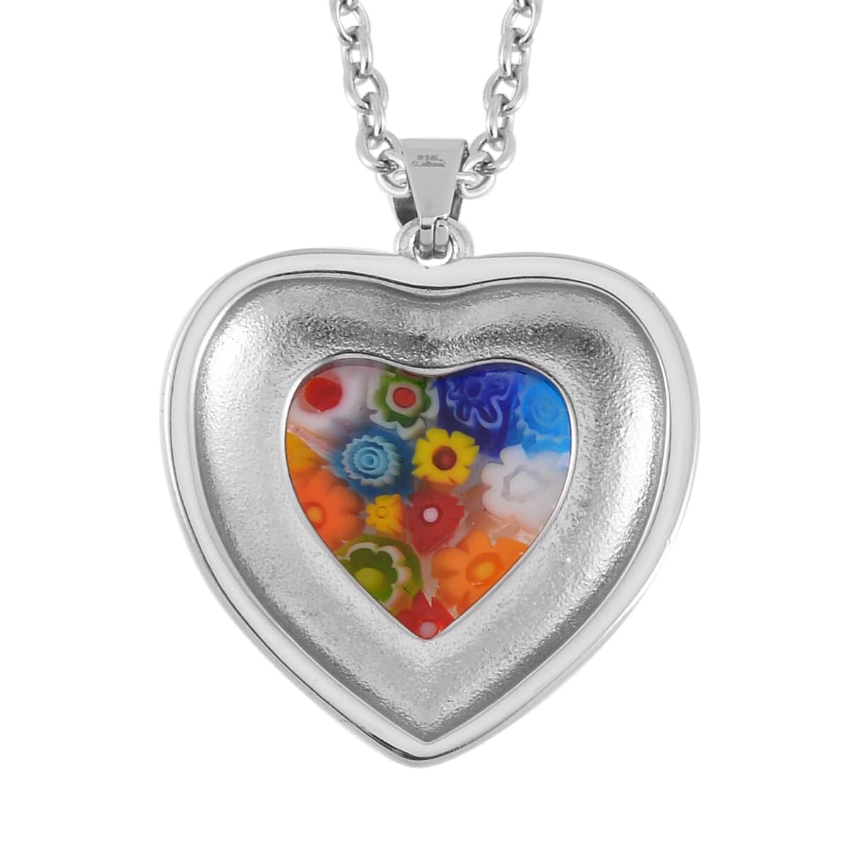 Multi Color Murano Style and Austrian Crystal Heart Pendant Necklace 24 Inches in Stainless Steel image number 4