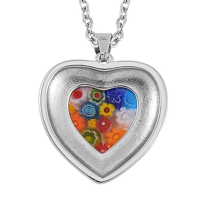 Multi Color Murano Style and Austrian Crystal Heart Pendant Necklace 24 Inches in Stainless Steel