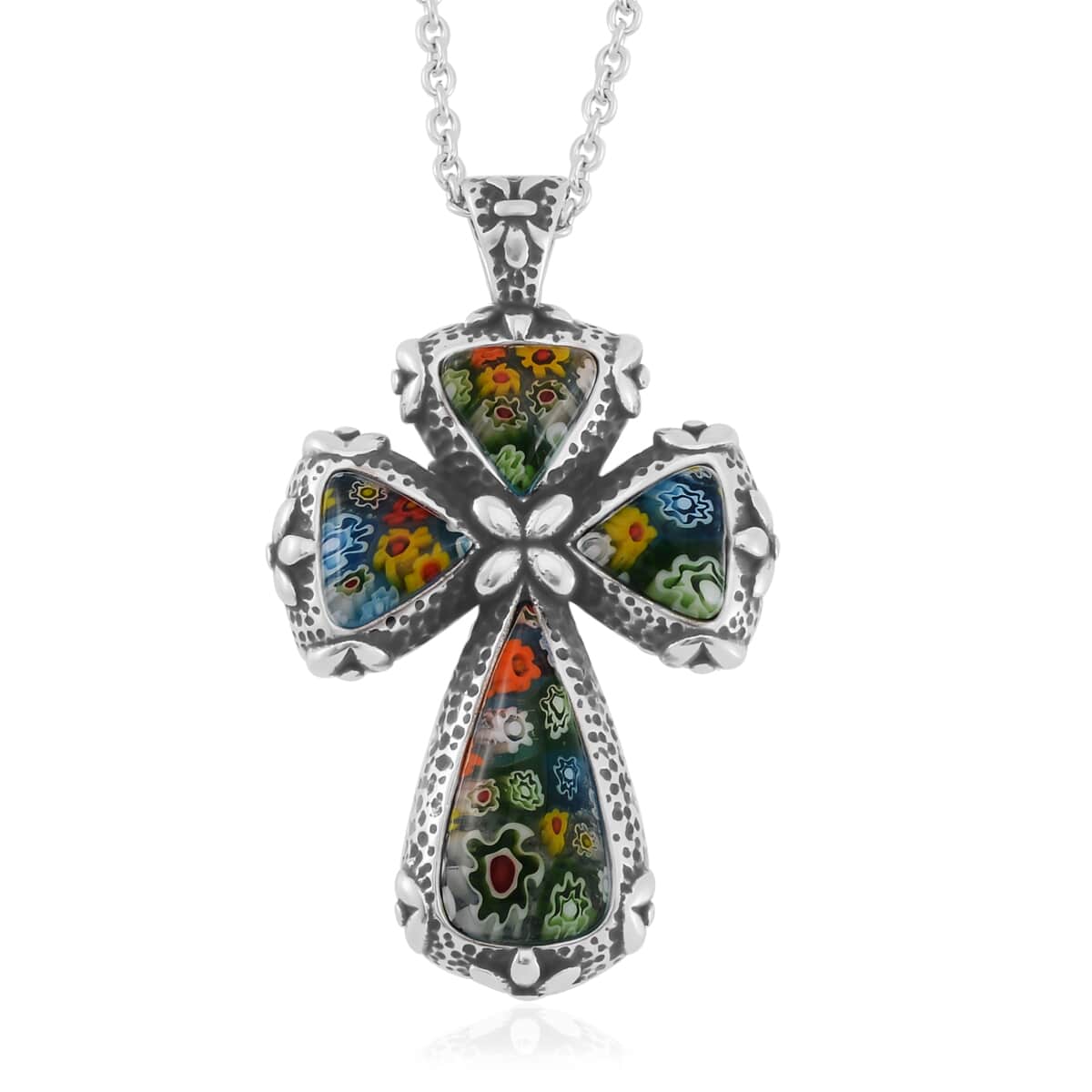 Multi Color Murano Style Cross Necklace 24 Inches in Stainless Steel image number 0