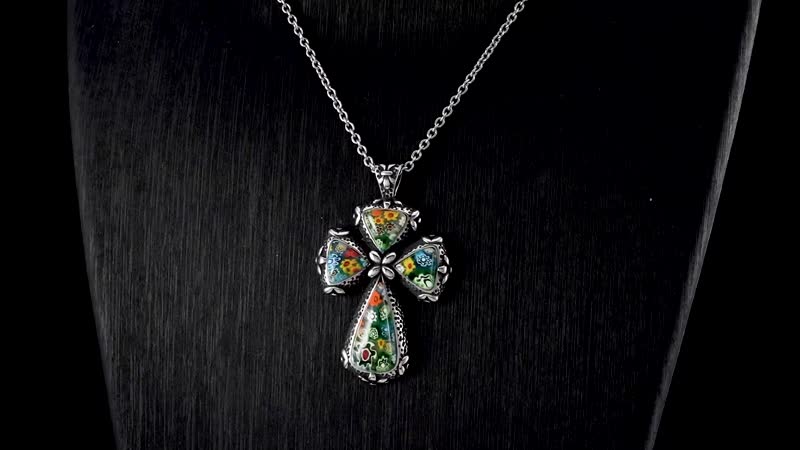 Multi Color Murano Style Cross Necklace 24 Inches in Stainless Steel