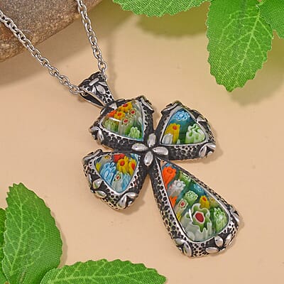 Multi Color Murano Style Cross Necklace 24 Inches in Stainless Steel