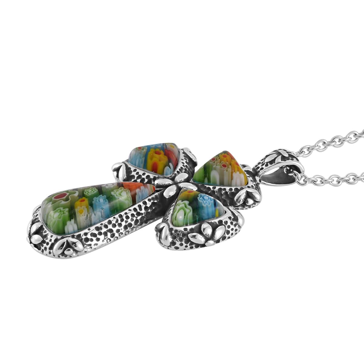 Multi Color Murano Style Cross Necklace 24 Inches in Stainless Steel image number 3