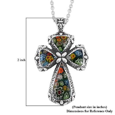 Multi Color Murano Style Cross Necklace 24 Inches in Stainless Steel