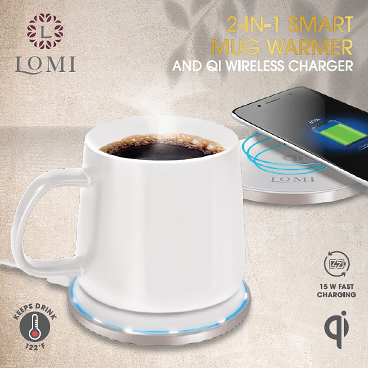 Lomi Heated Mug with Wireless Charger -White image number 1