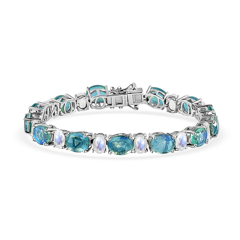 D'Joy Peacock Quartz (Triplet) and Rainbow Moonstone Tennis Bracelet in Platinum Over Sterling Silver (6.50 In) 23.85 ctw