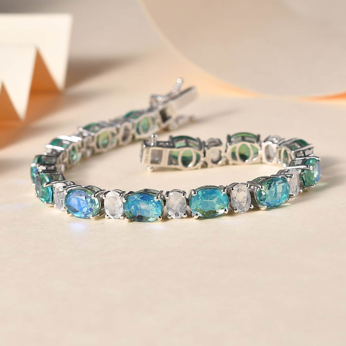 Peacock Quartz (Triplet) and Rainbow Moonstone Tennis Bracelet in Platinum Over Sterling Silver (8.00 In) 29.35 ctw image number 1