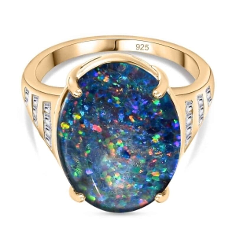 AAA Boulder Opal and White Zircon 8.12 ctw Ring in Vermeil Yellow Gold Over Sterling Silver (Size 8.0)