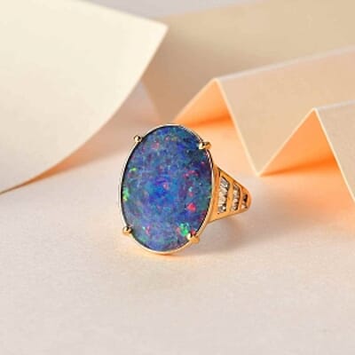 AAA Boulder Opal and White Zircon 8.12 ctw Ring in Vermeil Yellow Gold Over Sterling Silver (Size 8.0)