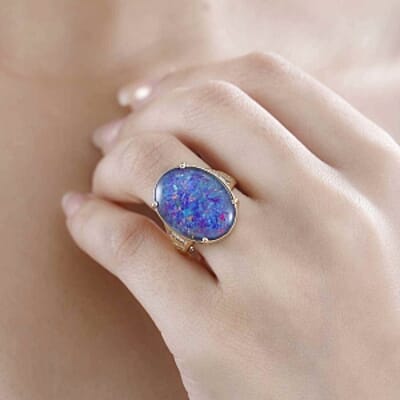 AAA Boulder Opal and White Zircon 8.12 ctw Ring in Vermeil Yellow Gold Over Sterling Silver (Size 8.0)