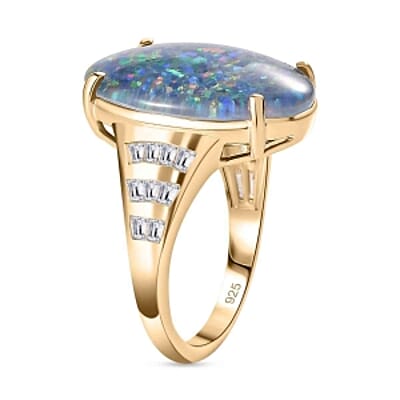 AAA Boulder Opal and White Zircon 8.12 ctw Ring in Vermeil Yellow Gold Over Sterling Silver (Size 8.0)