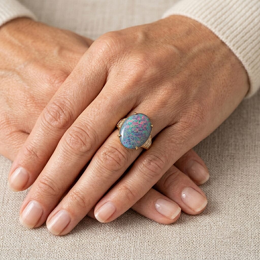 AAA Boulder Opal and White Zircon 8.12 ctw Ring in Vermeil Yellow Gold Over Sterling Silver (Size 9.0)