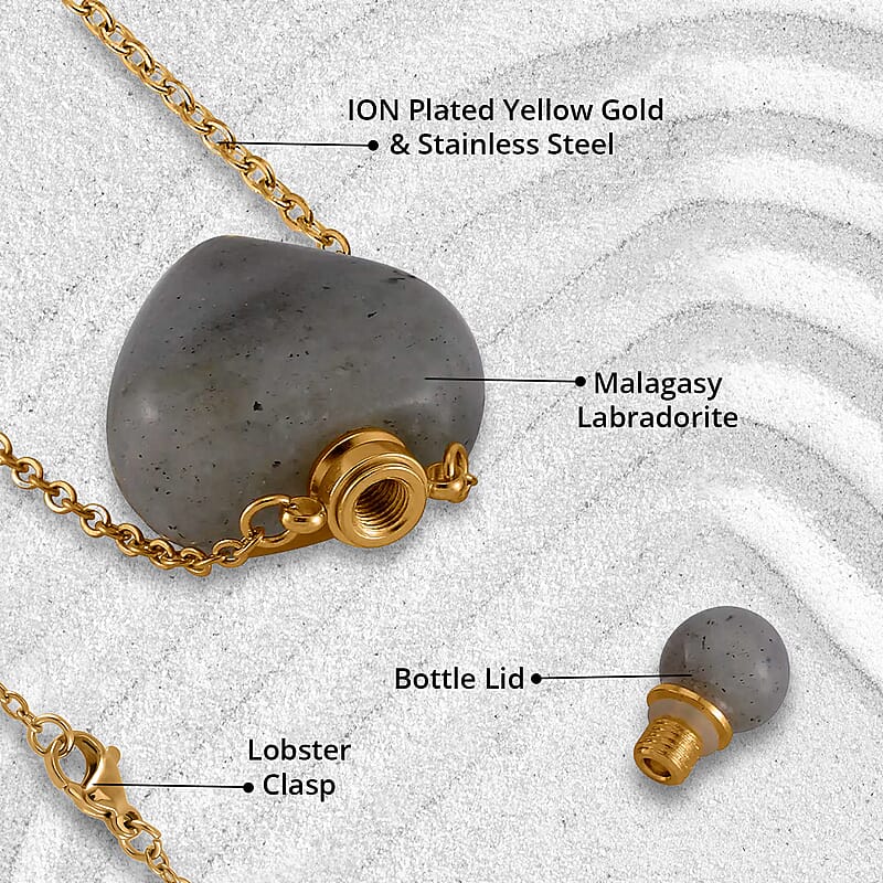 Malagasy Labradorite Perfume Heart Bottle Necklace 22 Inches in ION Plated Yellow Gold Stainless Steel 8.00 ctw