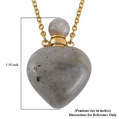 Malagasy Labradorite Perfume Heart Bottle Necklace 22 Inches in ION Plated Yellow Gold Stainless Steel 8.00 ctw