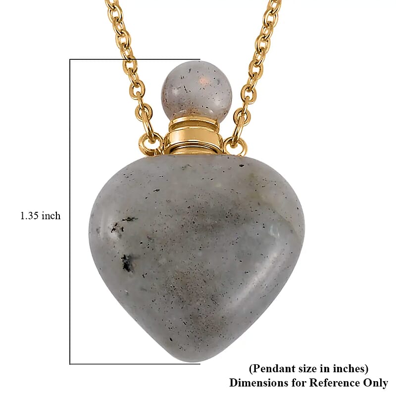 Malagasy Labradorite Perfume Heart Bottle Necklace 22 Inches in ION Plated Yellow Gold Stainless Steel 8.00 ctw