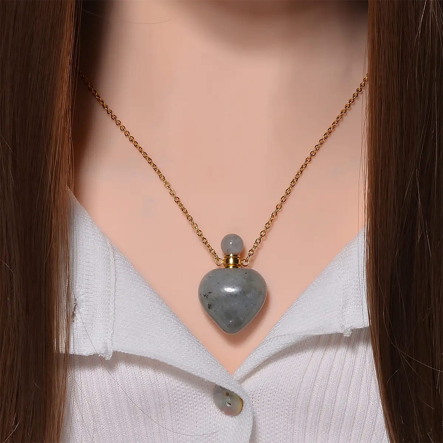 Malagasy Labradorite Perfume Heart Bottle Necklace (22 Inches) in ION Plated YG Stainless Steel 8.00 ctw